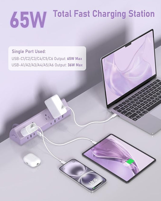 Jgstkcity Desk Clamp Power Strip,65W Fast Charging Station,4 USB-C,4 USB-A,1200J Surge Protector,ETL Listed,1875W Extension Cord,Multiple Outlets for Home, Office (Purple, 6 FT Cable)