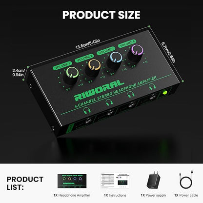 Riworal 4 Channels Headphone Amplifier with 3.5mm/6.35mm/ TRS Jack Input for Dj Mixer Amps Splitter with 8 Output Ports Separate Volume Control Output for Speaker Or Monitor Headphone