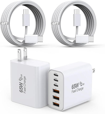 65W USB C Charger Block, 2Pack 6-Port Fast Charging Block with 6ft Long TypeC to TypeC Woven Cable Cord,Multiport Plug,USB C Power Adapter for iPhone 17/17 Air/17 Pro/16/16e/16 Pro Max/15,iPad,AirPods