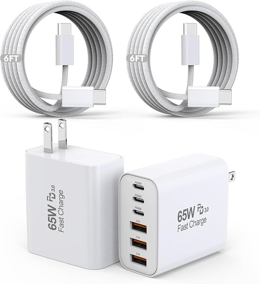 65W USB C Charger Block, 2Pack 6-Port Fast Charging Block with 6ft Long TypeC to TypeC Woven Cable Cord,Multiport Plug,USB C Power Adapter for iPhone 17/17 Air/17 Pro/16/16e/16 Pro Max/15,iPad,AirPods