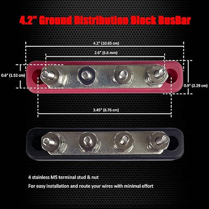 4 x #10 (M5) Studs Bus Bar, Ampper 4.2" Power/Ground Distribution Block Brass Battery BusBar Junction with Cover for Auto Boat Amplifier and More (Red & Black)
