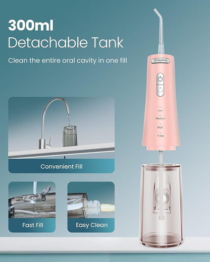 Onlyone Water Dental Flosser Pick for Teeth, 300ML Portable Oral Irrigator, Rechargeable Travel Irrigation Cleaner, Professional Electric Flossing Machine Birthday Gifts for Women,Mom,Girlfriend Pink