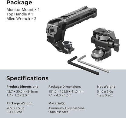 SMALLRIG Top Handle with Monitor Mount Kit, with 3/8"-16 Locating Holes for ARRI, 1/4"-20 Threaded Hole, 5 Built-in Cold Shoe, 360° Swivel and 180° Tilt Adjustable, Anti-Twist Design - 5323