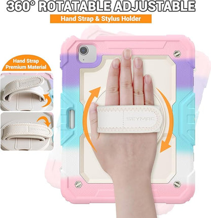 SEYMAC for iPad Air 5th/ 4th Generation Case 10.9", Full-Body Shockproof Protective Case with Screen Protector, Rotating Stand/Handle/Shoulder Strap/Pencil Holder for iPad Air 5/ Air 4, Colorful/Pink