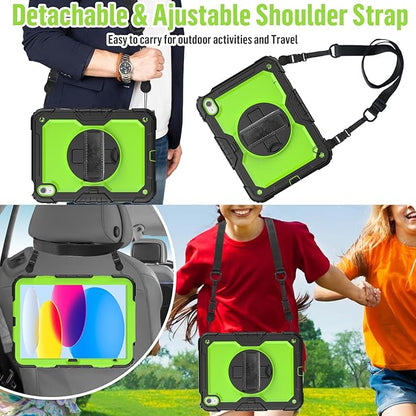 BLOSOMEET Case for iPad A16 11th/10th Generation 11''/10.9'' 2025/2022 with Tempered Glass Screen Protector & Pencil Holder, Rugged Military Grade Cover w/Stand Hand Shoulder Strap, Green