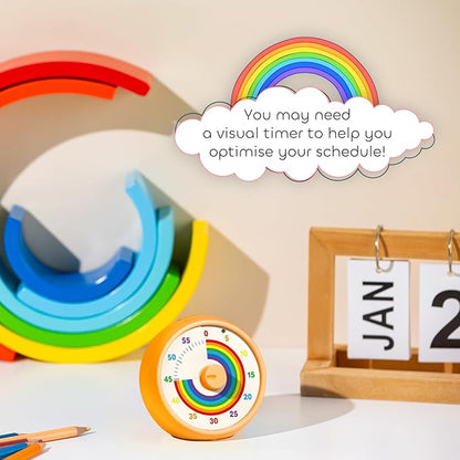 Visual Timer for Kids, 60-Minute Countdown Timer for Classroom Office Kitchen, Desk Timer Kids Time Management Tools with Silent Operation, Pomodoro Time Rainbow Pattern (Orange)