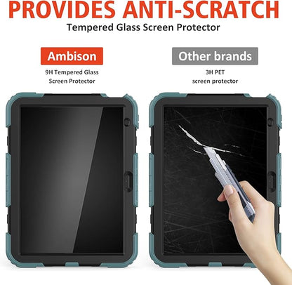 Ambison Case for iPad A16 11th/10th Generation 11"/10.9'' 2025/2022,Heavy Duty Shockproof Case with Tempered Glass Screen Protector, 360° Rotating Handle Strap&Stand,Shoulder Strap-Teal