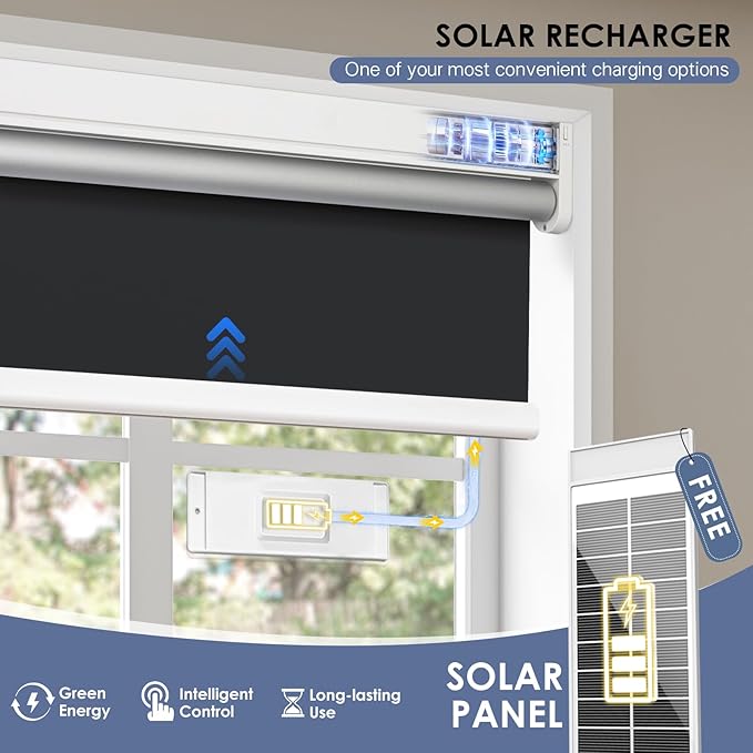 Motorized Roller Blinds with Remote Control & Solar Panel - 100% Blackout Smart Blinds, Automatic, Cordless, Electric Shades - Compatible with Alexa - Black, 48" W x 72" H