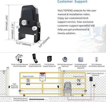 TOPENS BK800 Automatic Sliding Gate Opener Strong Belt Silent Drive Electric Gate Motor for Heavy Driveway Slide Gate Up to 1800 Pounds, Gate Operator AC Powered with 40ft Belt and Remote Control