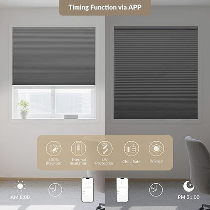 Boolegon No Drill Motorized Cellular Blinds with Remote Motorized Blackout Honeycomb Blinds for Indoor Windows Easy to Install Automatic Cellular Shades for Home,Blackout Light Gray,Custom Size