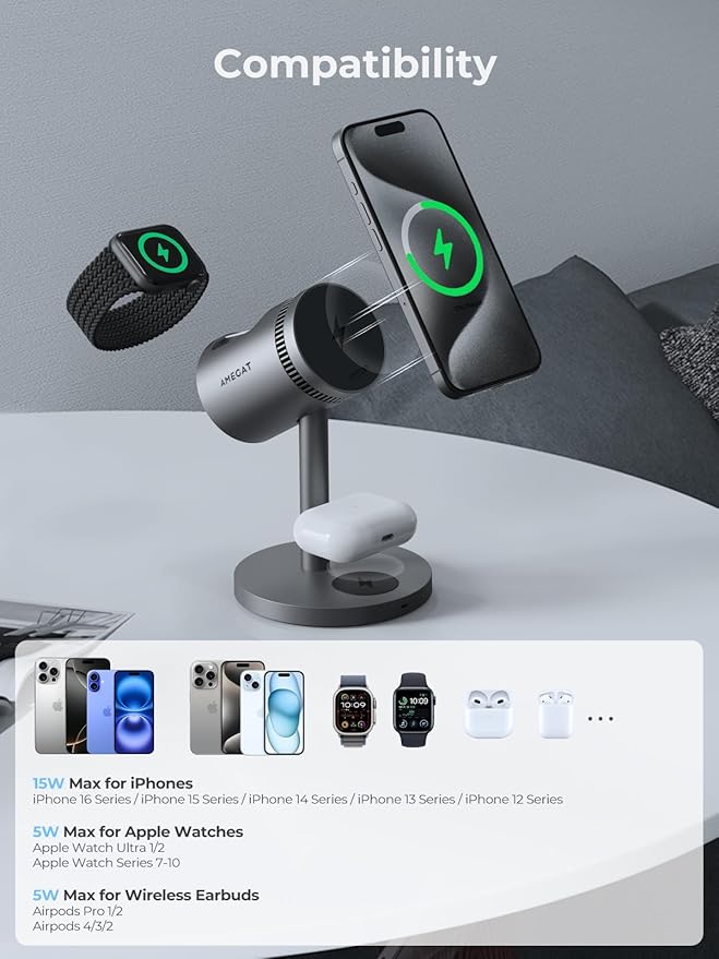 3 in 1 Charging Station Compatible with MagSafe, 15W Cooling Wireless Charger, Charger Stand Qi2 Certified for iPhone 16/15/14/13/12, Samsung S25, Apple Watch, AirPods (45W PD Charger Included)