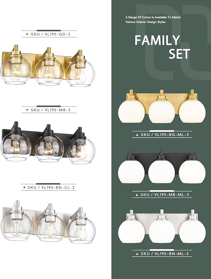 METWET Bathroom Light Fixtures, 3-Light Brushed Gold Vanity Light, Modern Wall Sconces with Milk White Globe Glass Shade, Vanity Lighting Fixtures Over Mirror, VL195-BG-ML-3