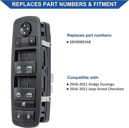 Obaee Master Power Window Switch Front Left Driver Side Compatible with Jeep Grand Cherokee Dodge Durango 2016 2017 2018 2019 2020 2021, Replace OEM 68289802AB