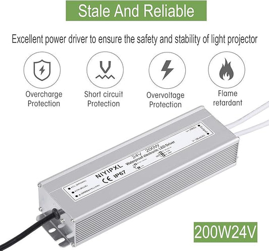LED Driver 200 Watts 24V DC Low Voltage Transformer， Waterproof IP67 LED Power Supply, Adapter with 3-Prong Plug 3.3 Feet Cable for Any 24V DC led Lights, Computer Project, Outdoor Light