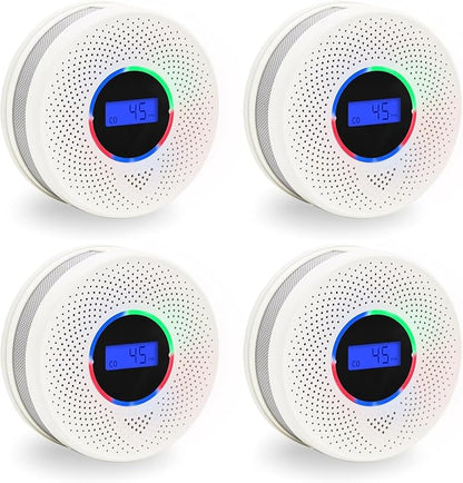 10-Year Battery Smoke and Carbon Monoxide Detector, 2-in-1 Smoke CO Alarm with Digital Display, Reliable Fire and CO Alarm for Home, Bedroom, Kitchen (4 Pack)
