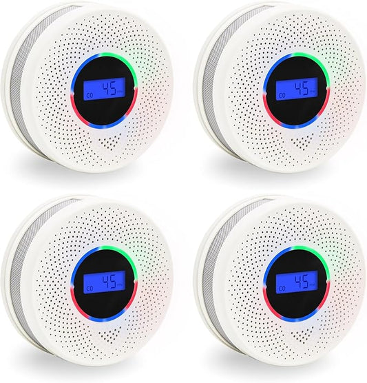10-Year Battery Smoke and Carbon Monoxide Detector, 2-in-1 Smoke CO Alarm with Digital Display, Reliable Fire and CO Alarm for Home, Bedroom, Kitchen (4 Pack)