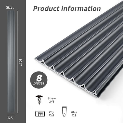 Art3dwallpanels Slat Wall Paneling, 104'' x 6.3'' Glossy Metal Finish WPC Soundproof 3D Wall Panels for Interior Wall Decor, 8 Pack Wavy Grain Panel Wall Slats, Metallic Silver Dark Gray