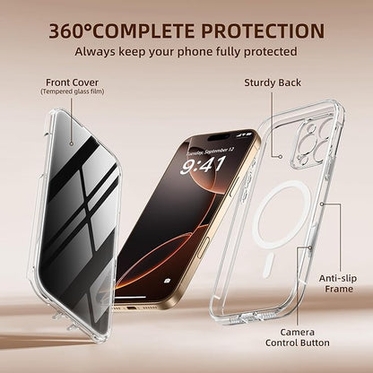 BERFY Magnetic for iPhone 16 Pro Case, Compatible with MagSafe, Built-in Privacy Screen Protector and Upgraded Camera Protection, Anti-Spy Full Body Shockproof Phone Case for 16 Pro 6.3", Transparent