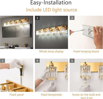 FDPBY Modern 5-Light Gold Brushed Brass Finish Crystal Wall Light for Bathroom Vanity