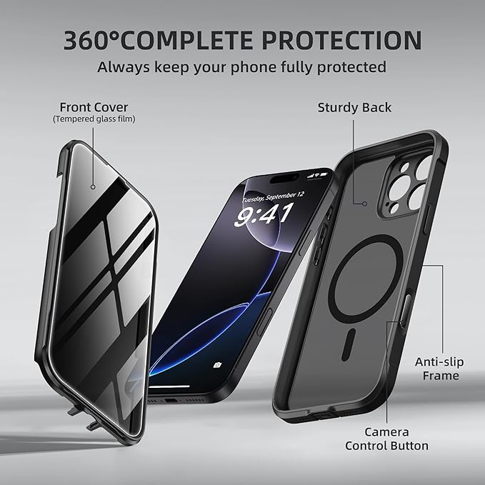 BERFY Magnetic for iPhone 16 Pro Case, Compatible with MagSafe, Built-in Privacy Screen Protector and Upgraded Camera Protection, Anti-Spy Full Body Shockproof Phone Case for 16 Pro 6.3", Matte Black