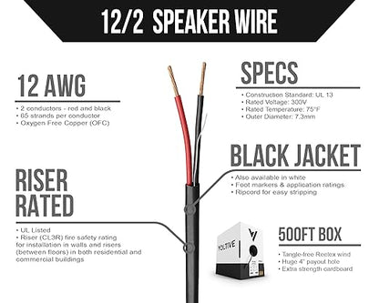 Voltive 12/2 Speaker Wire, Riser CL3R, Black, 500ft - 12AWG, 2 Conductors, Stranded Oxygen-Free Copper, UL Listed - V-1267-1