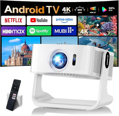 [Compatible with Netflix & Support 4K] 1080P HD Mini Projector Dual Band WiFi6 5G and BT 5.4 Auto Focus & Obstacle Avoidance Portable Outdoor Projector, 270° Adjustable Stand for Home Movie - White