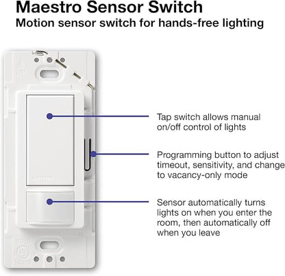 Lutron Maestro Motion Sensor Light Switch Indoor for Bathroom, Garage, Laundry Room, Closet, Occupancy Sensor Light Switch, Single-Pole, No Neutral, MS-OPS5M-IV