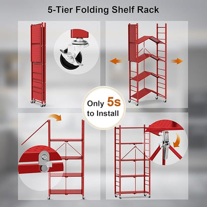 Storage Shelves with 20 Hooks, 5-Tier Foldable Shelves for Storage, Folding Utility Shelf Unit Pantry Shelf with Wheels, Metal Shelving Unit Rack for Garage Christmas Room, Red - No Assembly