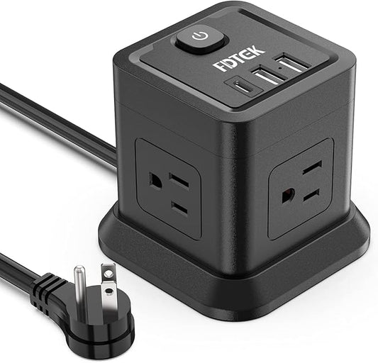 Power Strip with USB, FDTEK Flat Plug Extension Cord with 4 AC and 3 USB, 5 FT Power Cord Desktop Charging Station, Overload Protection, Compact Portable for Travel Home Office Cruise Ship - Black
