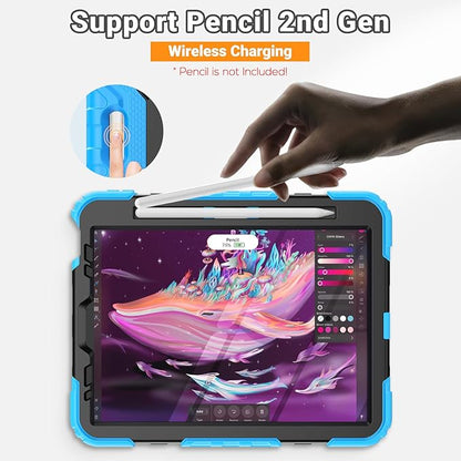 SEYMAC for iPad Air 5th/ 4th Generation Case 10.9", Full-Body Shockproof Protective Case with Screen Protector, Rotating Stand/Handle/Shoulder Strap/Pencil Holder for iPad Air 5/ Air 4, Sky Blue