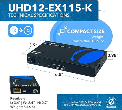 OREI 1x2 HDMI Extender Splitter 4K by Multiple Over Single Cable CAT6/7 4K@60Hz 4:4:4 HDCP 2.2 with IR Remote EDID Management - Up to 115 Ft - Loop Out - Low Latency - Full Support