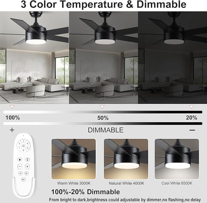POCHFAN 52 inch Black Ceiling Fans with Lights and Remote Control, Noiseless Modern Ceiling Fan for Bedroom, Living Room, Dining Room, Dimmable 3CCT 6-Speed ETL Listed