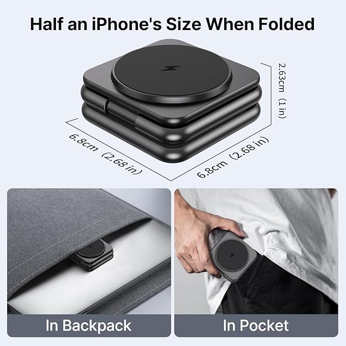 3 in 1 Charging Station for Apple Multiple Devices, Zinc Alloy Foldable Travel Wireless Charging pad for Mag-Safe Wireless Charger Stand for iPhone 16 15 14 13 12 Apple Watch Airpods