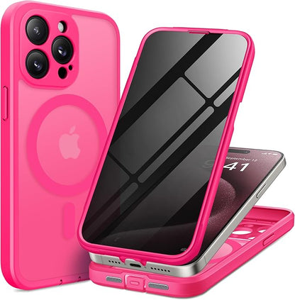 Magnetic for iPhone 15 Pro Max Case, Compatible with MagSafe, Built-in Privacy Screen Protector and Camera Protection, Anti Spy Full Body Dustproof Shockproof Hard Phone Case 6.7", Hot Pink