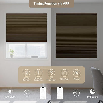 Boolegon No Drill Motorized Cellular Blinds with Remote Motorized Blackout Honeycomb Blinds for Indoor Windows Easy to Install Automatic Cellular Shades for Home,Blackout Dark Brown,Custom Size