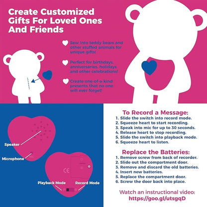 Inventiv 2 Pack, 30 Second Voice Sound Recorder Module for Plush Toy, Stuffed Teddy Bear Animal Recordable Heart, Record Custom Messages (Pink/Blue)