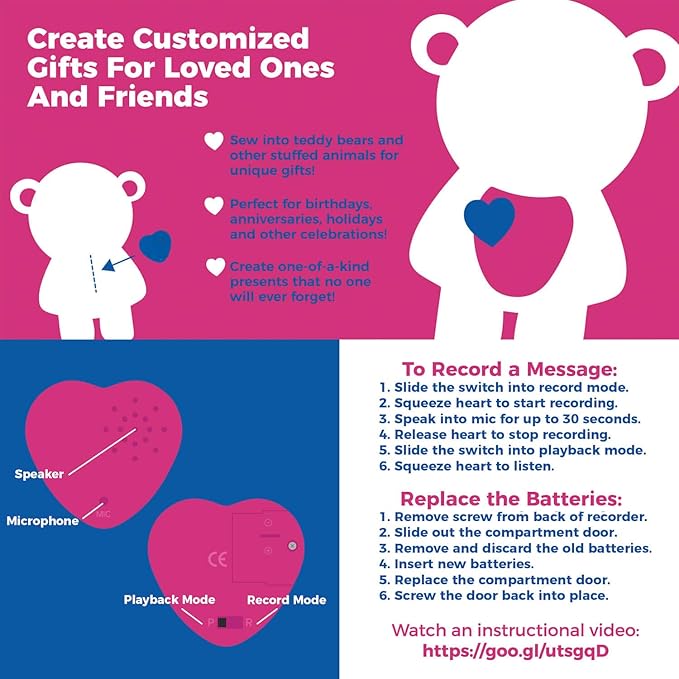Inventiv 2 Pack, 30 Second Voice Sound Recorder Module for Plush Toy, Stuffed Teddy Bear Animal Recordable Heart, Record Custom Messages (Pink)