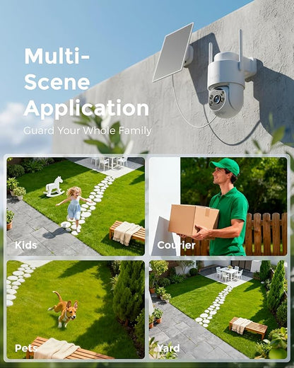 Devo Solar Security Camera Wireless Outdoor, 2.3K HD 360° PTZ Color Night Vision, AI/PIR Human Detection, 2-Way Audio, Solar & Battery Powered, WiFi 6, IP66 Waterproof, Triple Alert System