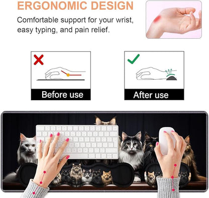 Ergonomic Keyboard Wrist Rest & Mouse Pad Wrist Rest Set,Large Gaming Desk Mat 31.5"x 11.8" with Non-Slip Base,Memory Foam,Easy Typing Pain Relief for Home & Office,A Group Fluffy Cats Stand in A Row