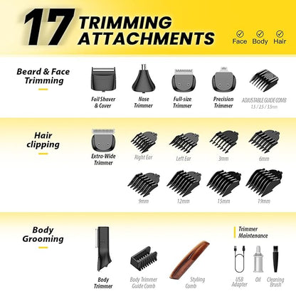 OLOV CYBER Beard Trimmer for Men, 17-in-1 Mens Grooming Kit with 6 Trimmer Heads, Cordless Hair Clippers Rechargeable with Charging Dock, IPX7 Waterproof Wet Dry Use for Body Face Nose & Mustache