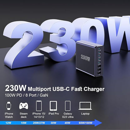 230W USB C Charging Station, Graaci Compact 8 Ports GaN Desktop Charger, PD 100W PPS 45W Super Fast Charger, Laptop Wall Charger Block for MacBook Pro, iPad, iPhone 15/14, Galaxy S24/S23, and More