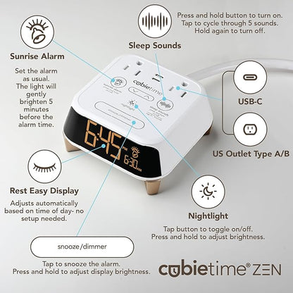 Brandstand CubieTime Zen White | Alarm Clock Charger with White Noise and Sunrise Alarm | 2 USB-C Ports | 2 Tamper Resistant Outlets |Night Light