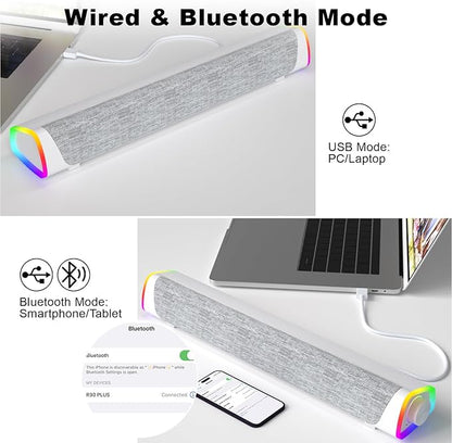 SOULION R30 Plus Bluetooth Computer Speakers, All-in-One Control Button with 6 Modes LED Lights PC Speaker, Wired USB Powered Surround Soundbar for Desktop Monitor Laptop White