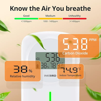 INKBIRD CO2 Monitor Ndir CO2 Detector 3 in 1 Meter | Carbon Dioxide & Temperature & Humidity Air Quality Monitor Indoor Battery Powered | Dual Alarm System | for Home, Office, RV, Grow Tent (IAM-O2)