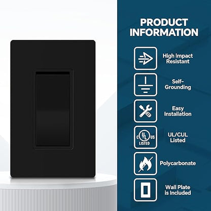 ThunderWay Matte Black Single Pole Decorator Light Switch with Screwless Wall Plate, 15 A 120/277 V, ON/Off Rocker Paddle Interrupter, Self-Grounding, Residential Grade,UL Listed (20 Pack)