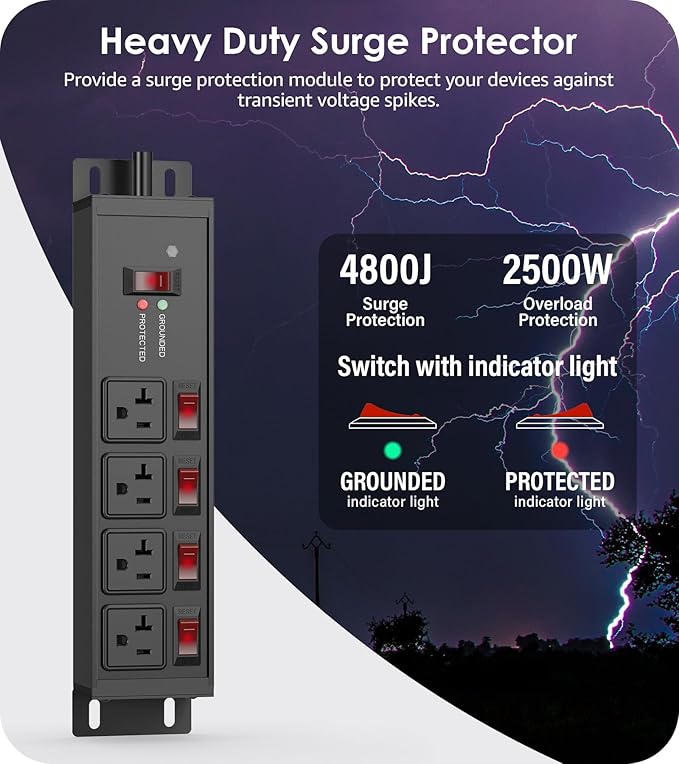 CCCEI Heavy Duty Surge Protector Power Strip 20 Amp Individual Switches. 25FT 12 Gauge Extension Cord with Multiple Outlets. Kitchen, Garage, Shop, Industrial Wall Mount Electric Extender, Black.