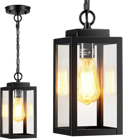 MYHXQ 11'' Outdoor Pendant Light, Modern Outside Chandelier Outdoor Hanging Lantern Light, Matte Black with Clear Glass, Exterior Pendant Lighting Fixture for Porch, Yard, Gazebo, 1Pack