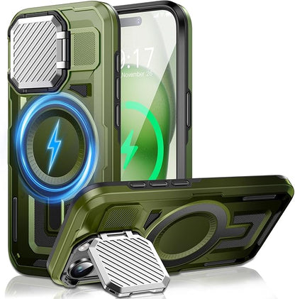 Camera Stand Case for iPhone 15, [Compatible with Mag Safe] [Lens Cover] 2024 Version Military Grade Protective Soft Case for iPhone 15 6.1 inch Men Women, Green