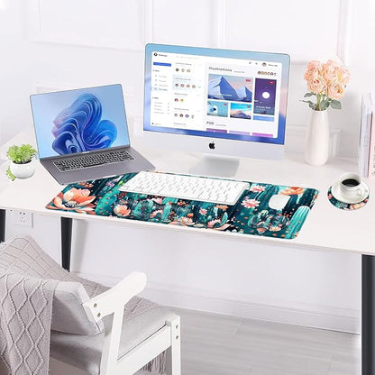 BFUKVOU Large Keyboard Mouse Pad Set, Extended Mouse Pad+Keyboard Wrist Rest Support, Memory Foam Ergonomic Easy Typing, 4Pcs (31.5×11.8 in) Desk Pad Set for Office Home,Cute Cactus Blooming Flowers