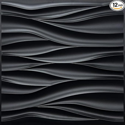STICKGOO Black 3D Wall Panels, Wave Design Textured PVC Wall Panels, 19.7''x19.7'' Modern Accent Wall Panels for Interior Wall Decor Bedroom Office Living Room